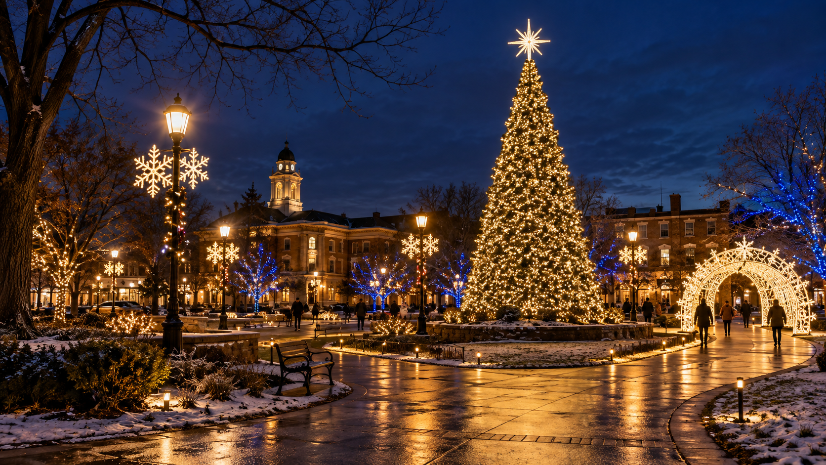 Holiday lighting concept with a large tree and illuminated arch